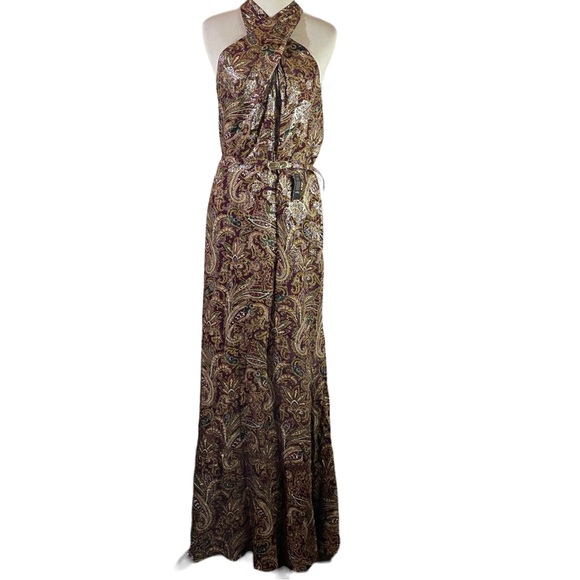 Black label LRL halter paisley metallic jacquard gown with belt women size 12 - Picture 7 of 15